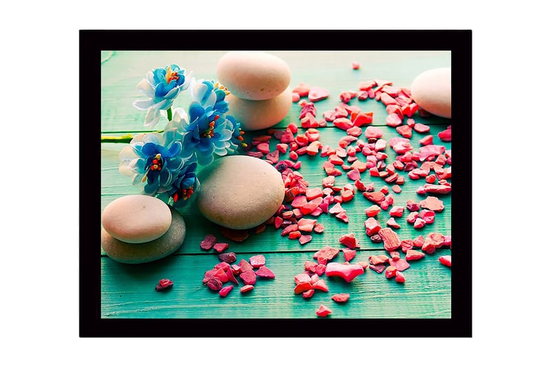 Innrammet lerret i tre - 41x56 cm - Steinarrangement med blå blomster og rosa steiner, Blå / Rosa / Grå