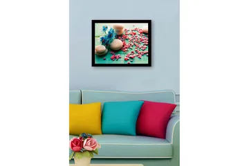 Innrammet lerret i tre - 41x56 cm - Steinarrangement med blå blomster og rosa steiner - Blå / Rosa / Grå - Interiør - Maleri & posters - Lerretsbilder