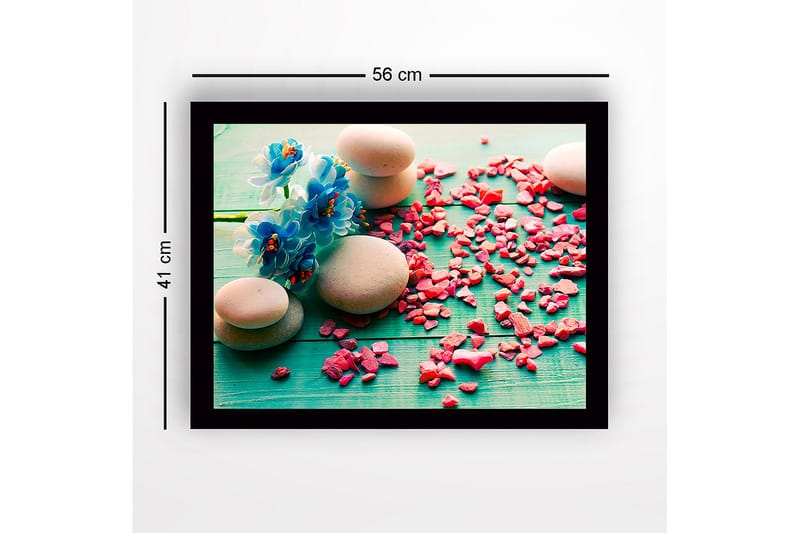 Innrammet lerret i tre - 41x56 cm - Steinarrangement med blå blomster og rosa steiner - Blå / Rosa / Grå - Interiør - Maleri & posters - Lerretsbilder