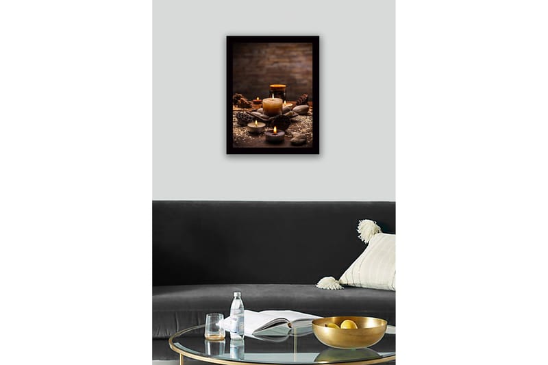 Innrammet lerret i tre - 41x56 cm - Stemningsfull samling av lys og steiner - Gull / Brun / Grå - Interiør - Maleri & posters - Lerretsbilder