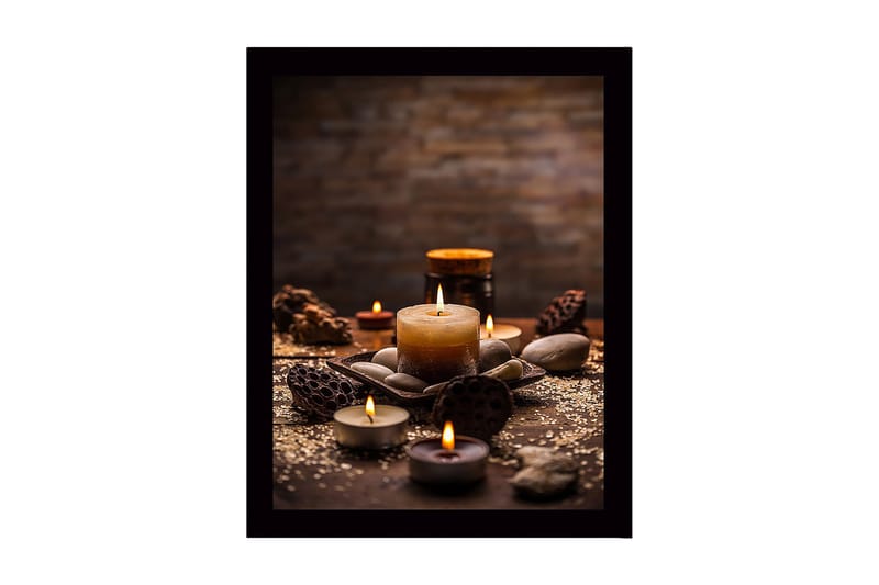 Innrammet lerret i tre - 41x56 cm - Stemningsfull samling av lys og steiner, Gull / Brun / Grå