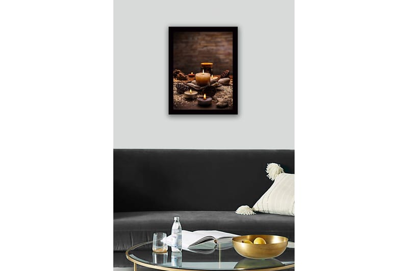Innrammet lerret i tre - 41x56 cm - Stemningsfull samling av lys og steiner - Gull / Brun / Grå - Interiør - Maleri & posters - Lerretsbilder