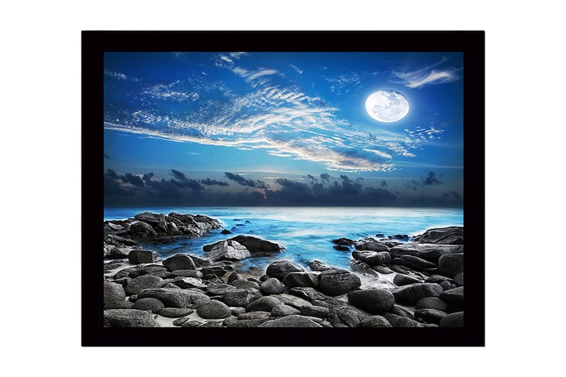Innrammet lerret i tre - 41x56 cm - Stemningsfullt sjølandskap med måne og steiner, Blå / Grå / Hvit