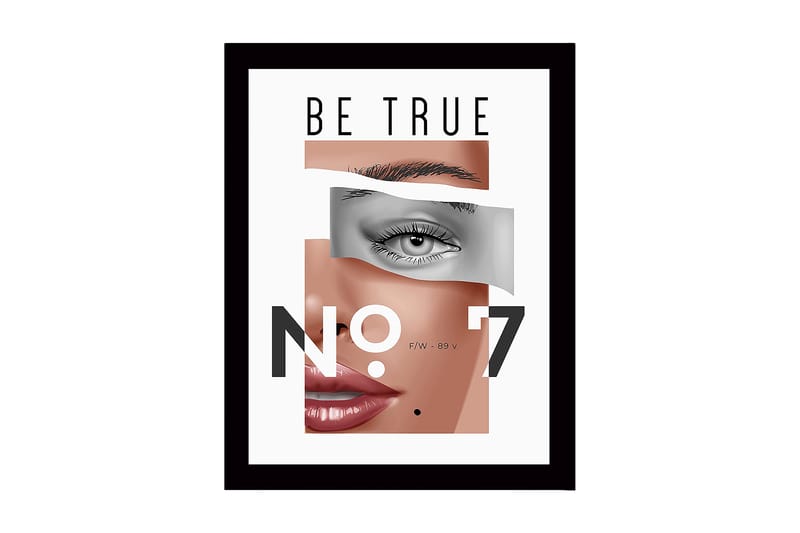 Innrammet lerret i tre - 41x56 cm - Stilisert portrett med fokus på øyne og lepper, Hudtone / Grå / Svart