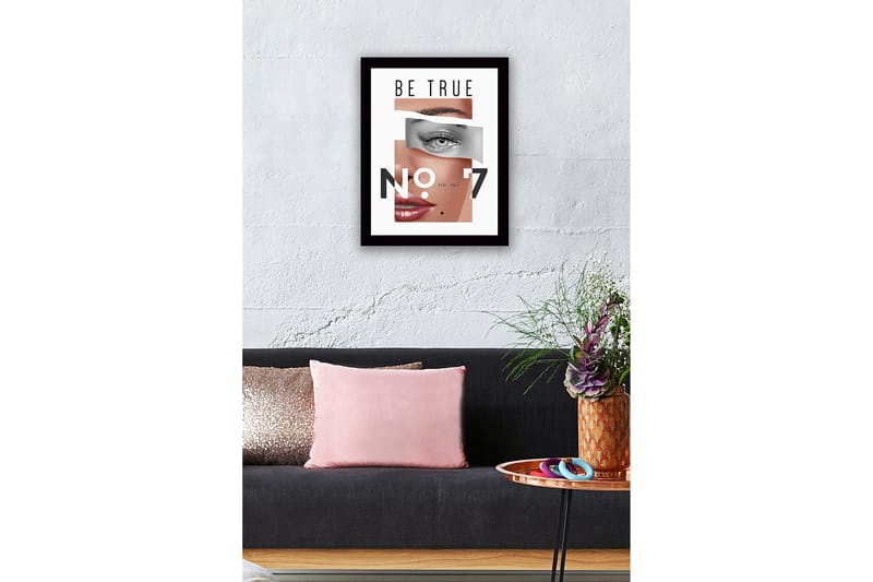 Innrammet lerret i tre - 41x56 cm - Stilisert portrett med fokus på øyne og lepper - Hudtone / Grå / Svart - Interiør - Maleri & posters - Lerretsbilder
