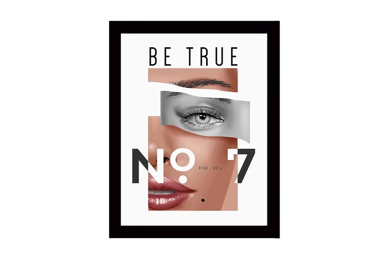 Innrammet lerret i tre - 41x56 cm - Stilisert portrett med fokus på øyne og lepper, Hudtone / Grå / Svart