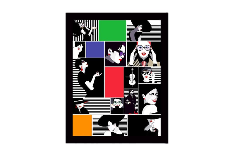 Innrammet lerret i tre - 41x56 cm - Stiliserte portretter av kvinner i forskjellige uttrykk og klær, Rød / Svart / Hvit