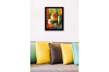 Innrammet lerret i tre - 41x56 cm - Stilleben med keramikk og glassflasker - Oransje / Grønn / Blå - Interiør - Maleri & posters - Lerretsbilder