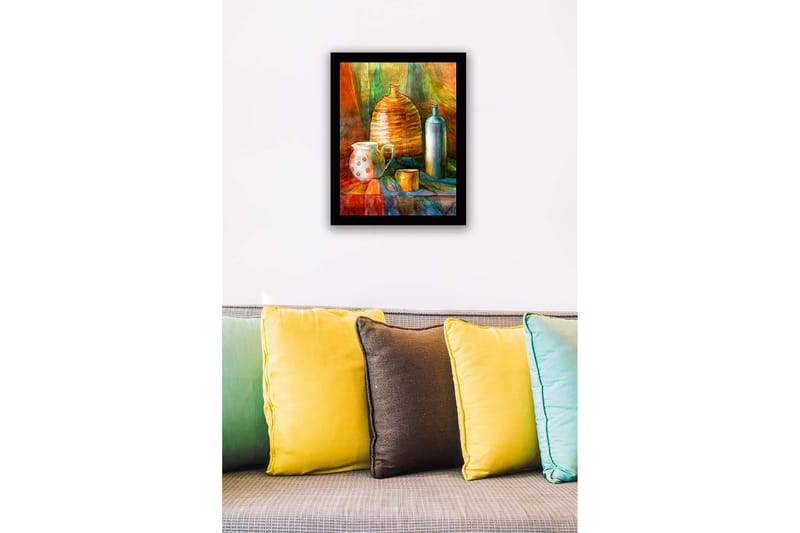 Innrammet lerret i tre - 41x56 cm - Stilleben med keramikk og glassflasker - Oransje / Grønn / Blå - Interiør - Maleri & posters - Lerretsbilder