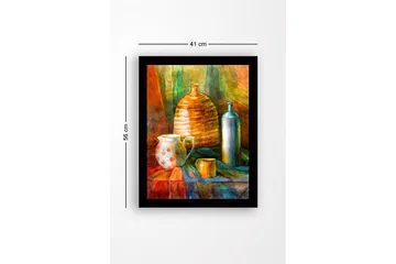 Innrammet lerret i tre - 41x56 cm - Stilleben med keramikk og glassflasker - Oransje / Grønn / Blå - Interiør - Maleri & posters - Lerretsbilder