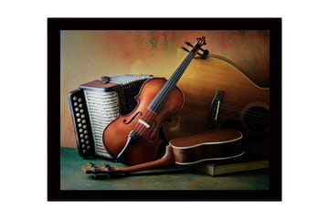 Innrammet lerret i tre - 41x56 cm - Stillhet med musikkinstrumenter i fokus - Brun / Beige / Grønn - Interiør - Maleri & posters - Lerretsbilder