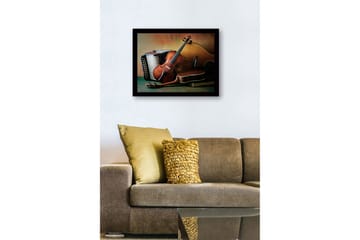 Innrammet lerret i tre - 41x56 cm - Stillhet med musikkinstrumenter i fokus - Brun / Beige / Grønn - Interiør - Maleri & posters - Lerretsbilder