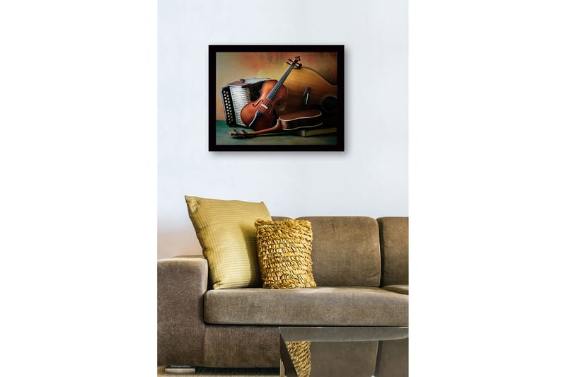 Innrammet lerret i tre - 41x56 cm - Stillhet med musikkinstrumenter i fokus - Brun / Beige / Grønn - Interiør - Maleri & posters - Lerretsbilder