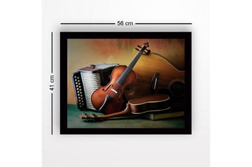 Innrammet lerret i tre - 41x56 cm - Stillhet med musikkinstrumenter i fokus - Brun / Beige / Grønn - Interiør - Maleri & posters - Lerretsbilder