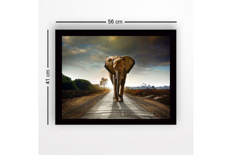 Innrammet lerret i tre - 41x56 cm - Storslått elefant som går langs en vei i et dramatisk landskap - Grå / Brun / Grønn - Interiør - Maleri & posters - Lerretsbilder