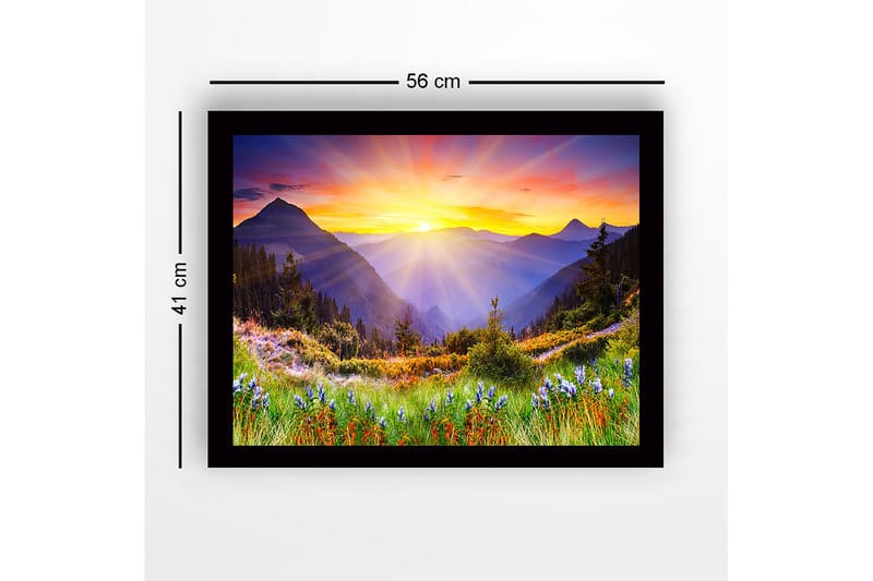Innrammet lerret i tre - 41x56 cm - Storslått soloppgang over fjell og daler - Gull / Lilla / Grønn - Interiør - Maleri & posters - Lerretsbilder