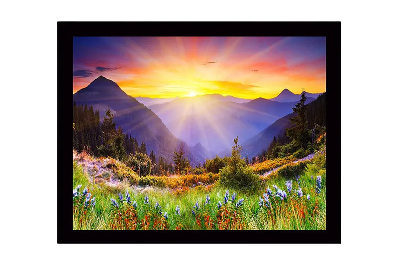 Innrammet lerret i tre - 41x56 cm - Storslått soloppgang over fjell og daler, Gull / Lilla / Grønn