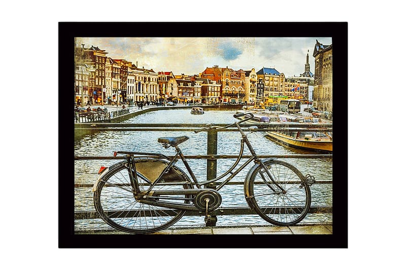 Innrammet lerret i tre - 41x56 cm - Sykkel ved en kanal i et urbant miljø, Svart / Brun / Blå