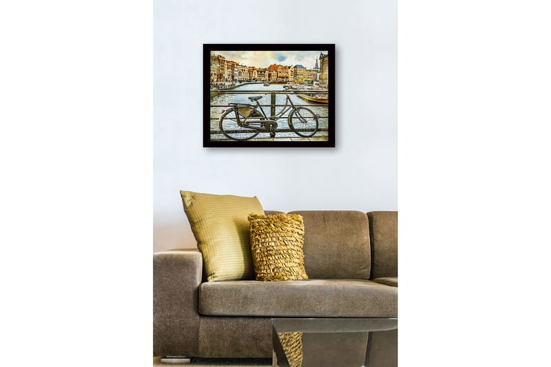 Innrammet lerret i tre - 41x56 cm - Sykkel ved en kanal i et urbant miljø - Svart / Brun / Blå - Interiør - Maleri & posters - Lerretsbilder