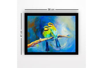 Innrammet lerret i tre - 41x56 cm - To fargerike fugler på en gren - Grønn / Blå / Gul - Interiør - Maleri & posters - Lerretsbilder