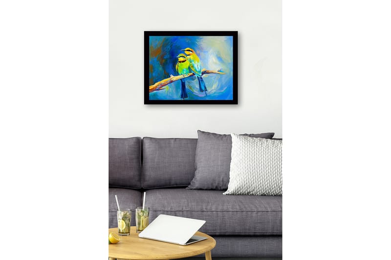 Innrammet lerret i tre - 41x56 cm - To fargerike fugler på en gren - Grønn / Blå / Gul - Interiør - Maleri & posters - Lerretsbilder