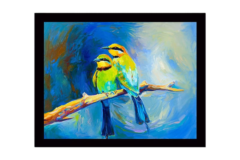 Innrammet lerret i tre - 41x56 cm - To fargerike fugler på en gren, Grønn / Blå / Gul