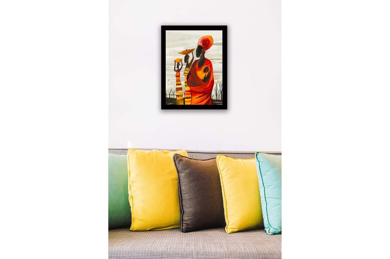 Innrammet lerret i tre - 41x56 cm - Tre kvinner som bærer boller og barn i en fargerik og uttrykksfull komposisjon - Rød / Oransje / Gul - Interiør - Maleri & posters - Lerretsbilder