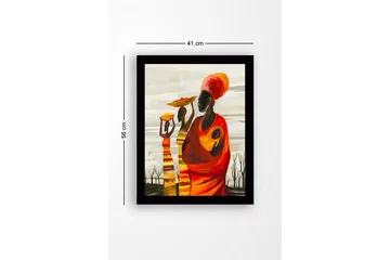 Innrammet lerret i tre - 41x56 cm - Tre kvinner som bærer boller og barn i en fargerik og uttrykksfull komposisjon - Rød / Oransje / Gul - Interiør - Maleri & posters - Lerretsbilder