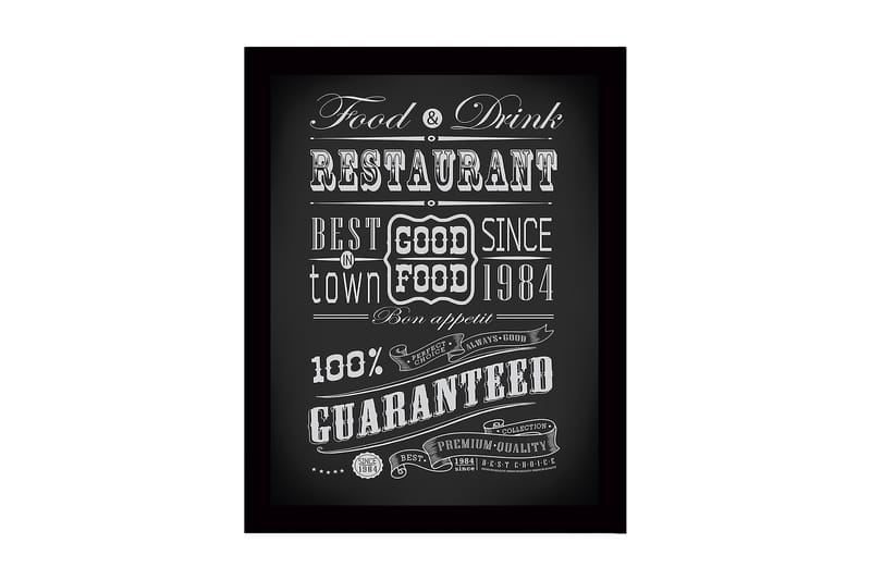 Innrammet lerret i tre - 41x56 cm - Typografisk plakat med restauranttema, Svart / Hvit