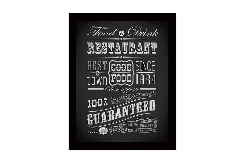 Innrammet lerret i tre - 41x56 cm - Typografisk plakat med restauranttema, Svart / Hvit
