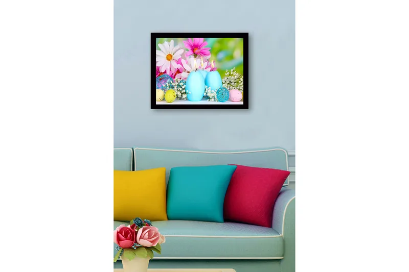 Innrammet lerret i tre - 41x56 cm - Vårro med lyseblå lys og fargerike påskeegg - Lys blå / Rosa / Gul - Interiør - Maleri & posters - Lerretsbilder