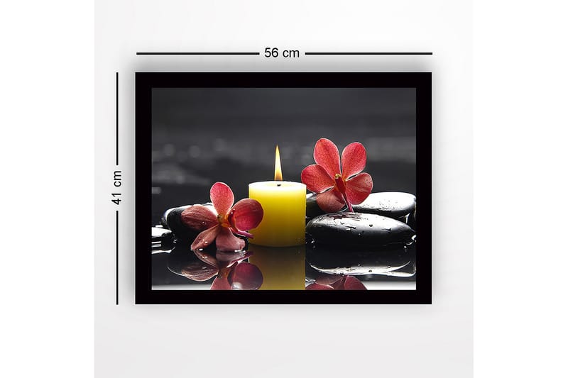 Innrammet lerret i tre - 41x56 cm - Vakker komposisjon av orkideer og et stearinlys på svarte steiner - Rød / Gul / Svart - Interiør - Maleri & posters - Lerretsbilder