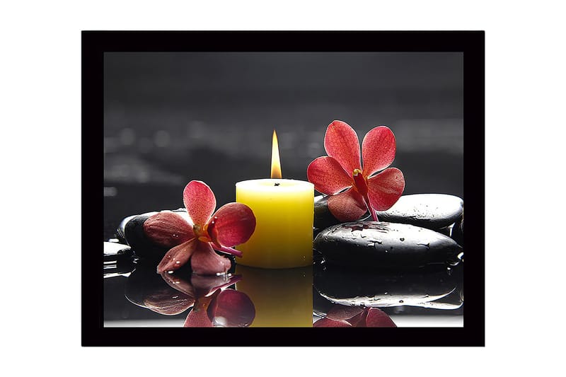 Innrammet lerret i tre - 41x56 cm - Vakker komposisjon av orkideer og et stearinlys på svarte steiner, Rød / Gul / Svart