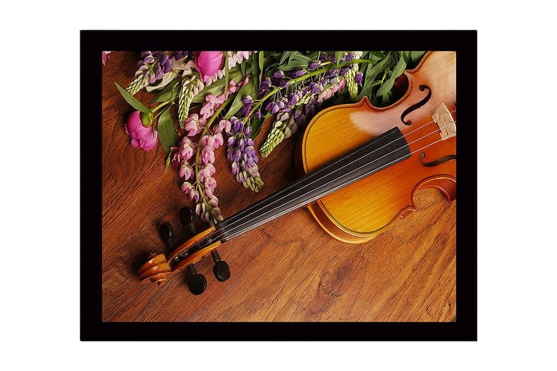 Innrammet lerret i tre - 41x56 cm - Vakker komposisjon med en fiolin og fargerike blomster, Lilla / Rosa / Brun