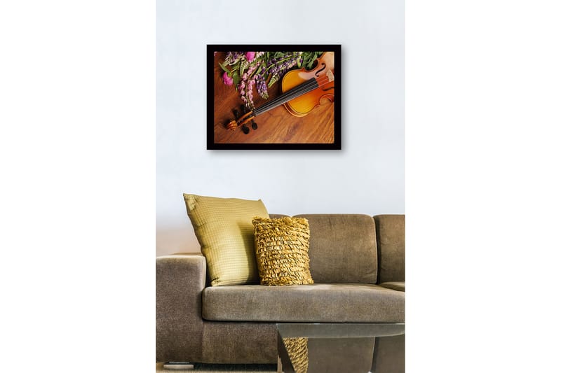 Innrammet lerret i tre - 41x56 cm - Vakker komposisjon med en fiolin og fargerike blomster - Lilla / Rosa / Brun - Interiør - Maleri & posters - Lerretsbilder