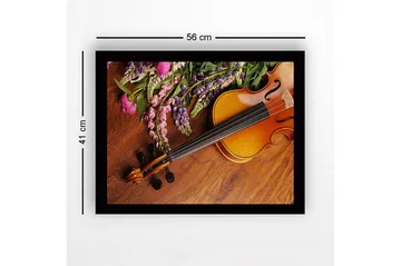 Innrammet lerret i tre - 41x56 cm - Vakker komposisjon med en fiolin og fargerike blomster - Lilla / Rosa / Brun - Interiør - Maleri & posters - Lerretsbilder