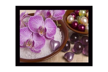 Innrammet lerret i tre - 41x56 cm - Vakker samling av orkideer og dekorasjoner i skåler - Lilla / Hvit / Grønn - Interiør - Maleri & posters - Lerretsbilder