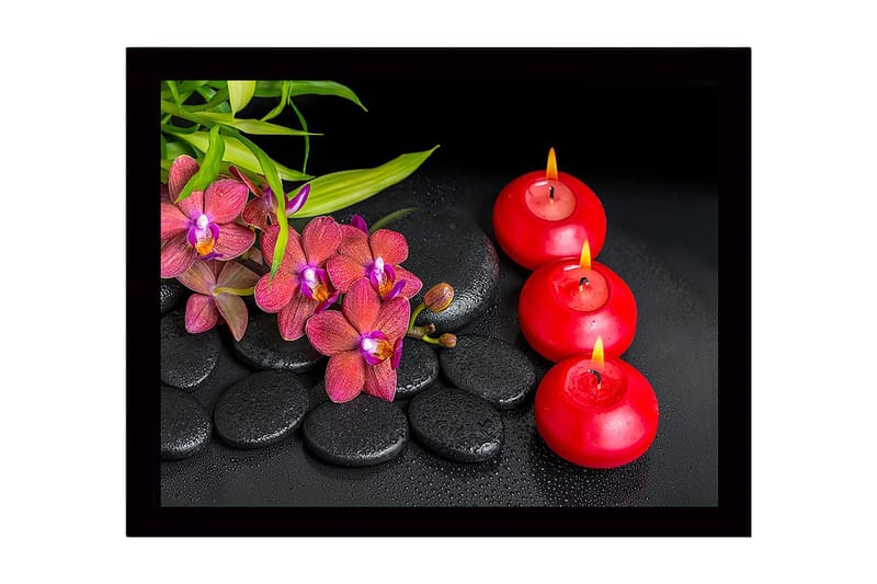 Innrammet lerret i tre - 41x56 cm - Vakker samling av orkideer og lys på svarte steiner, Rød / Svart / Grønn