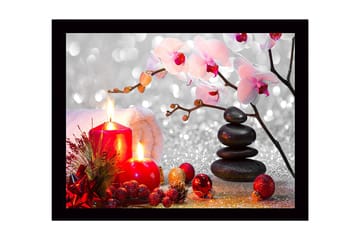 Innrammet lerret i tre - 41x56 cm - Vakker stillhet med stearinlys, blomster og steiner - Rød / Svart / Rosa - Interiør - Maleri & posters - Lerretsbilder
