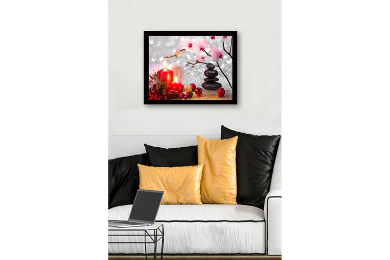 Innrammet lerret i tre - 41x56 cm - Vakker stillhet med stearinlys, blomster og steiner - Rød / Svart / Rosa - Interiør - Maleri & posters - Lerretsbilder