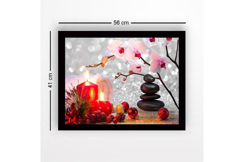 Innrammet lerret i tre - 41x56 cm - Vakker stillhet med stearinlys, blomster og steiner - Rød / Svart / Rosa - Interiør - Maleri & posters - Lerretsbilder