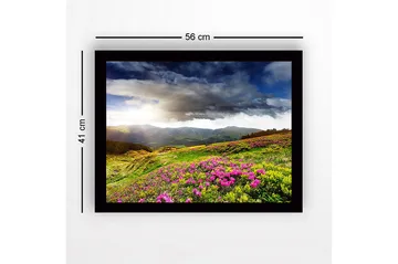 Innrammet lerret i tre - 41x56 cm - Vakkert fjellandskap med blomstrende enger - Grønn / Rosa / Blå - Interiør - Maleri & posters - Lerretsbilder