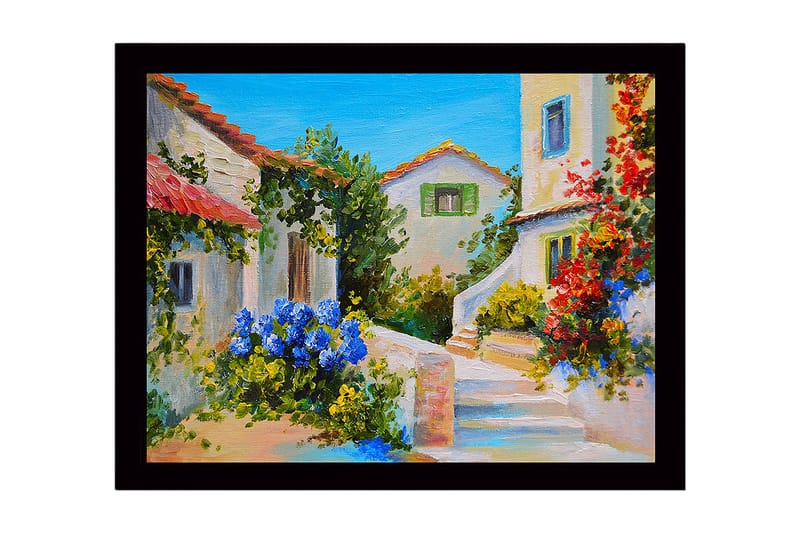 Innrammet lerret i tre - 41x56 cm - Vakkert middelhavsmiljø med blomster og hus i sterke farger, Blå / Grønn / Rød