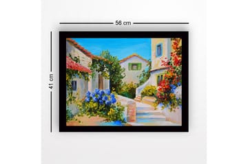 Innrammet lerret i tre - 41x56 cm - Vakkert middelhavsmiljø med blomster og hus i sterke farger - Blå / Grønn / Rød - Interiør - Maleri & posters - Lerretsbilder