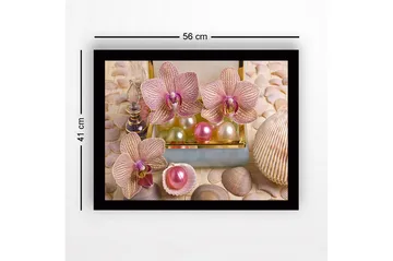 Innrammet lerret i tre - 41x56 cm - Vakre orkideer omgitt av perler og skjell - Lys rosa / Grønn / Perlehvit - Interiør - Maleri & posters - Lerretsbilder