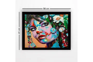 Innrammet lerret i tre - 41x56 cm - Portrett av en kvinne med blomsterdekorasjoner i håret - Blå / Grønn / Rød - Interiør - Maleri & posters - Lerretsbilder