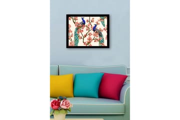 Innrammet lerret i tre - 41x56 cm - Påfugler sitter blant blomstrende grener - Blå / Rosa / Grønn - Interiør - Maleri & posters - Lerretsbilder