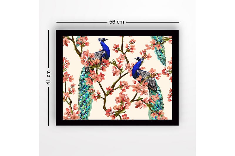 Innrammet lerret i tre - 41x56 cm - Påfugler sitter blant blomstrende grener - Blå / Rosa / Grønn - Interiør - Maleri & posters - Lerretsbilder