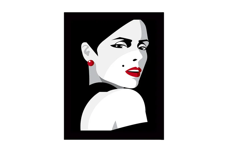 Innrammet lerret i tre - 41x56 cm - Portrett av en kvinne med dramatisk utseende og rød leppestift, Rød / Svart / Grå