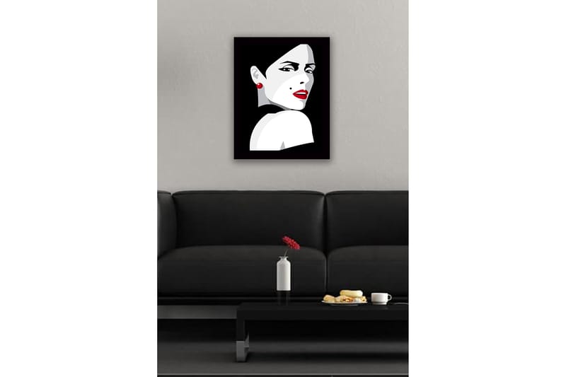 Innrammet lerret i tre - 41x56 cm - Portrett av en kvinne med dramatisk utseende og rød leppestift - Rød / Svart / Grå - Interiør - Maleri & posters - Lerretsbilder